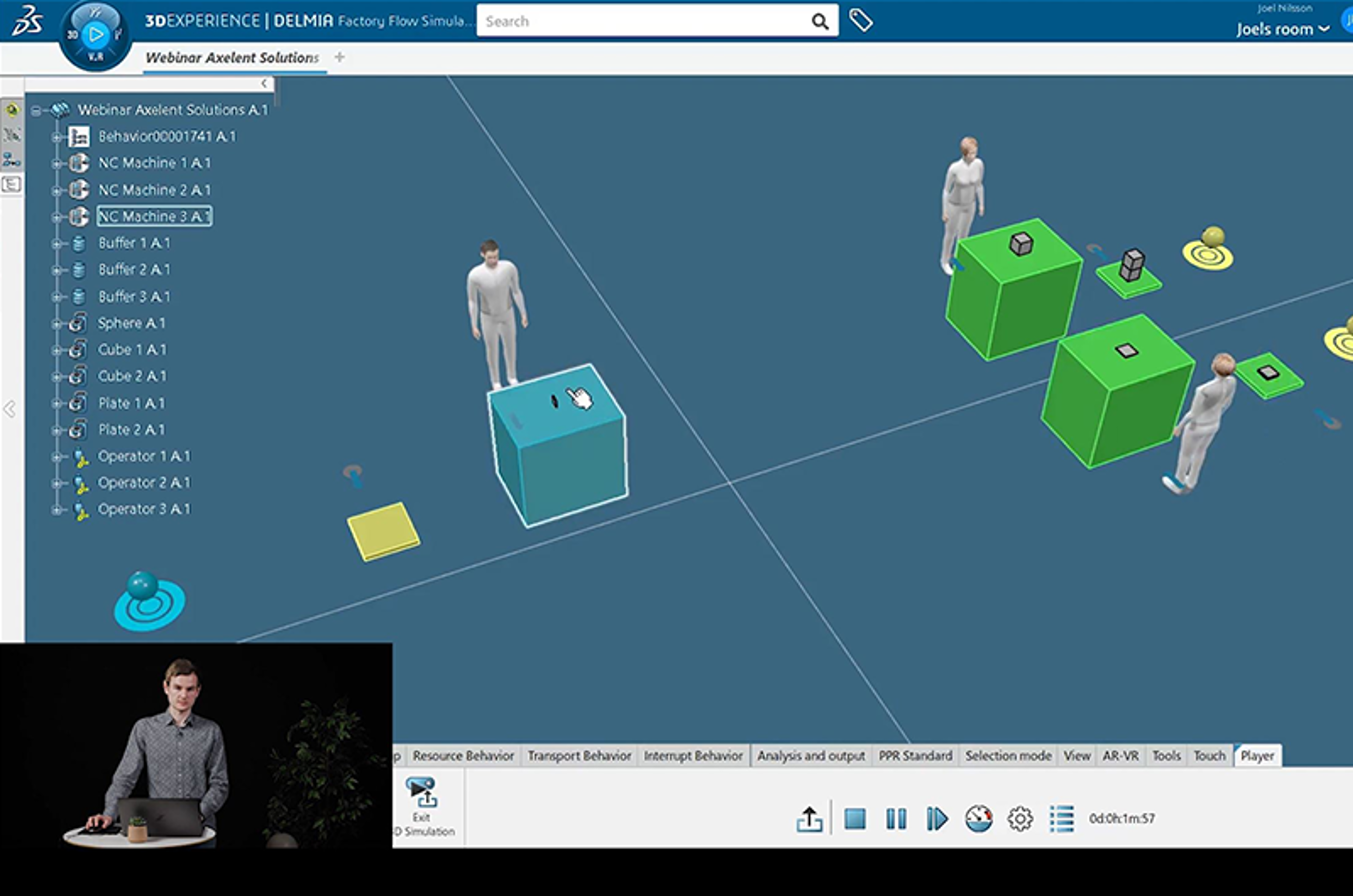 Simulering av en digital tvilling där flera arbetar vid stationer i en fabrik