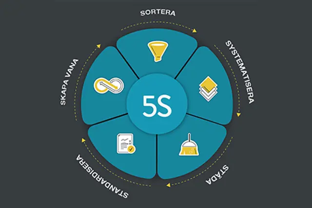 Ett grafiskt hjul som illustrerar delarna i 5S
